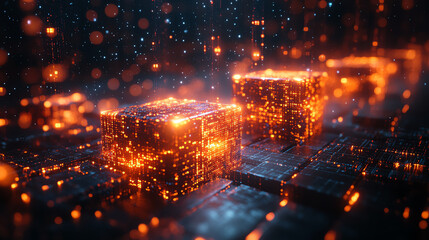 Poster - A mesmerizing digital landscape featuring glowing cubes and vibrant particles radiating energy, representing technological advancement.