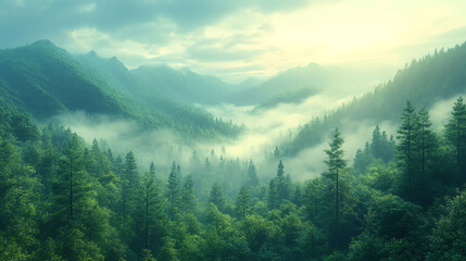 Poster - A serene mountain landscape shrouded in mist, showcasing lush green trees and rolling hills under a soft, hazy sky.