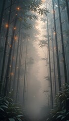 Poster - Ethereal Bamboo Forest, Glowing Light Accents, Misty Atmosphere Creates An Immersive, Surreal Landscape. A Calming Nature Scene. Fantasy Art Illustration. Peaceful Escape Inspiration.