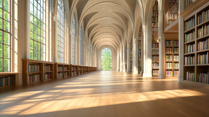 Aufkleber - A stunning library interior showcasing tall arches, wooden flooring, and abundant natural light, creating a serene reading environment.