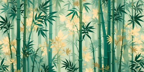 Poster - Elegant Bamboo Pattern. Golden Accents Bring Out The Vibrant Green Shades. This Calming Background Creates A Refreshing Design. Perfect For Adding A Touch Of Nature.