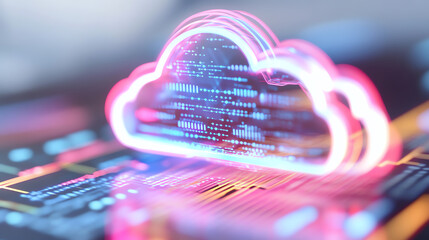 Poster - A vibrant illustration of a cloud symbol representing cloud computing, overlaid with digital data and connections.