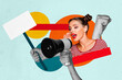 © deagreez - Sketch composite 3D photo collage trend artwork of young lady hold megaphone talk picket resources vote hand hold banner opinion leader