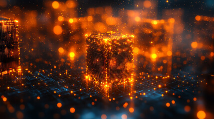 Poster - Futuristic glowing cubes create an immersive digital landscape, showcasing advanced technology and innovation with vibrant particles.