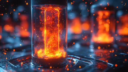 Poster - Futuristic glowing energy source in a transparent container, highlighting advanced technology and innovation in a vibrant environment.