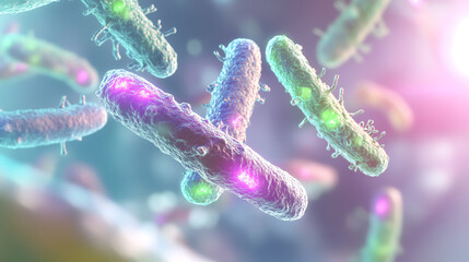 Poster - Vibrant 3D representation of bacteria, showcasing their intricate shapes and colors in a microscopic environment.
