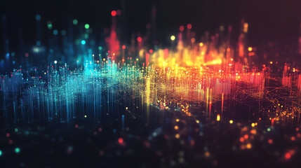Poster - Vibrant abstract visual of sound waves with colorful lights and digital patterns, symbolizing energy and innovation.