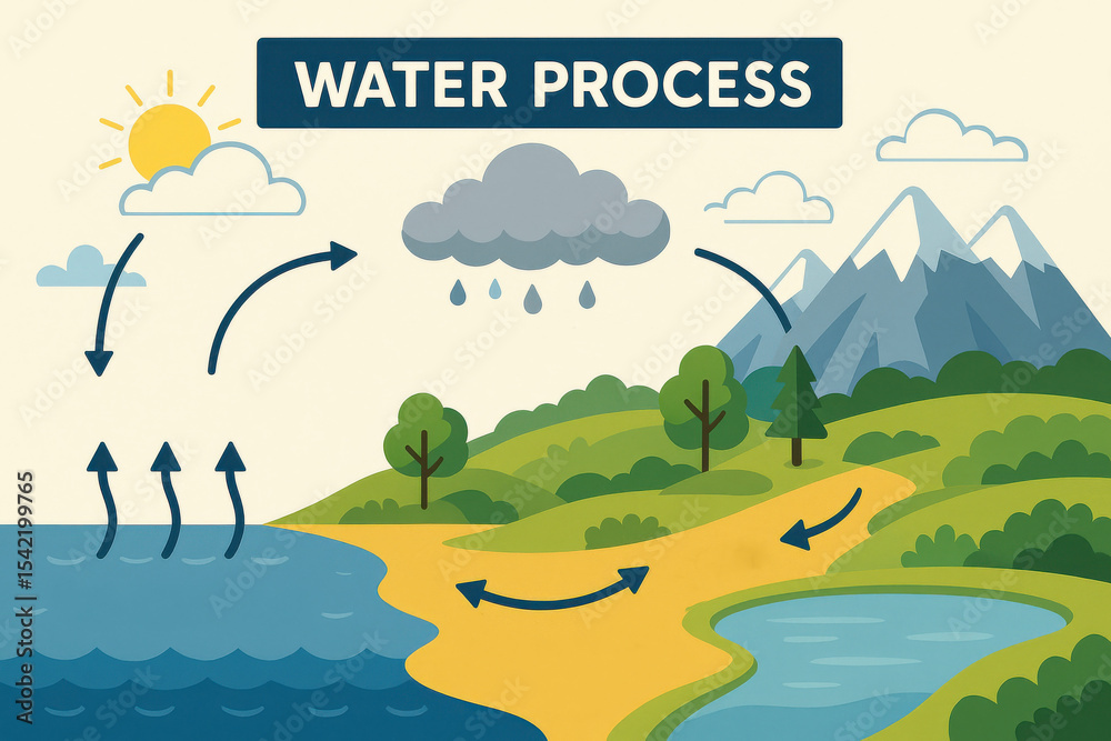 Water Cycle Example Water cycle process diagram showing evaporation condensation ...