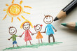 © lemonmoon - Happy family drawing with sun, rainbow, and smiling faces, created by child using colored pencil on lined paper, expressing joy and togetherness outdoors