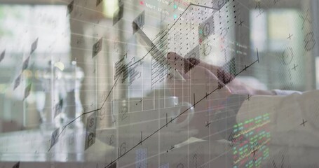 Poster - Man swiping phone at cafe, causing financial chart fluctuating, scrolling and zooming for analysis