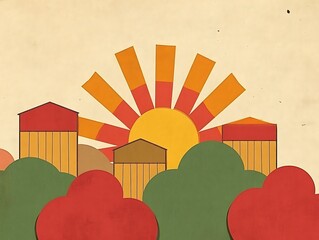 Poster - Geometric stylized sunrise scene with colorful buildings and cloud shapes