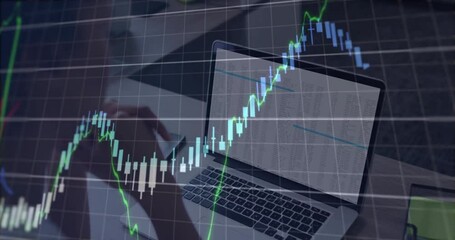 Poster - Woman leaning toward laptop analyzing sheet showing animated finance candlestick chart fluctuating