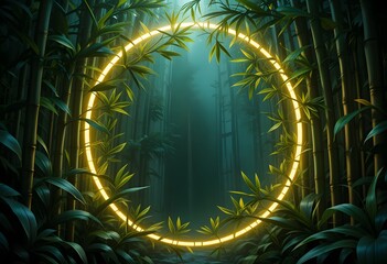 Poster - Dreamlike Bamboo Artwork With Shining Accents, Ethereal Leaves Float. Nature's Elegance Shines Creating A Beautiful, Peaceful Spectacle. Abstract Nature Scene For Inspiration And Wellbeing.