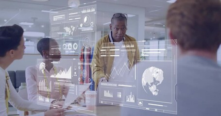 Poster - Mid-level manager leaning on table gesturing at holographic charts while driving business analysis