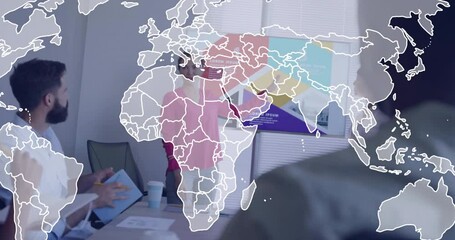 Poster - Presenter starting business meeting gesturing chart as map overlaying colleague arriving clapping