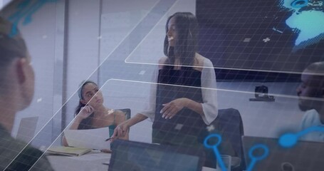 Poster - Female presenter gesturing and activating grid overlay above conference table for business briefing