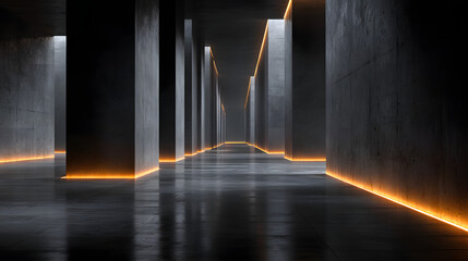 Poster - High-quality 3d abstract rendering of dark lines and light accents in an empty black studio room with minimalist design and dark background