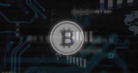  - Black frame fading into glowing Bitcoin coin, circuit pulsing and bits flowing for crypto dashboard