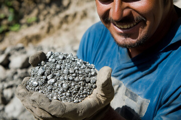 Poster - Man proudly holds silver ore during mining activity Generative AI
