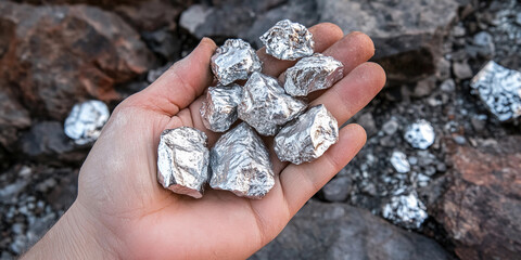 Aufkleber - Hand holding silver pieces among rocks in nature setting Generative AI