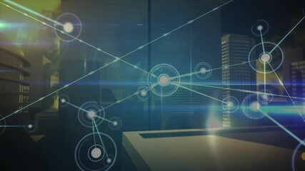 Poster - HUD reticle appearing over skyline, linking nodes panning showing curved tower network expanding