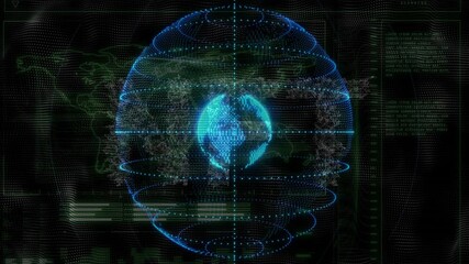 Poster - Receiving code signal, holographic globe expanding rings rotating showcasing real-time global data