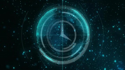 Poster - Faint teal particles initiating clock formation, rings rotating, globe emerging and displaying time