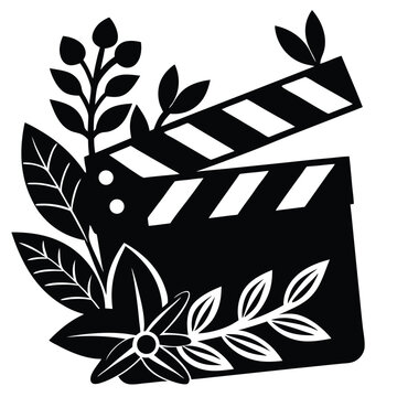 Clapperboard with various floral decoration silhouette black vector art design