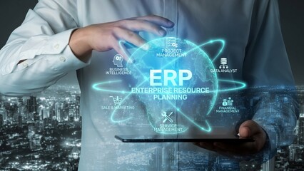 Poster - ERP platform visual showing centralized system for enterprise resource planning, improving integration, data flow, business efficiency, finance, inventory, and human resources. Muxer