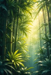Poster - Tropical Bamboo Foliage Illustration Featuring Vibrant Light Effects, A Lush Jungle Aesthetic. Perfect For Nature Backgrounds, Exotic Designs, Or Tranquil Wallpaper Projects. Ideal For Serene,