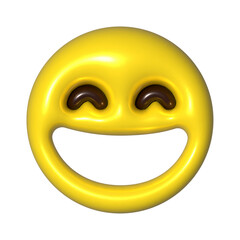 Poster - Joyful Yellow Emoji with Dark Brown Eyes and Wide Grin A Cheerful 3D Rendering of a Happy Face Icon for Digital Communication and Expressive Design