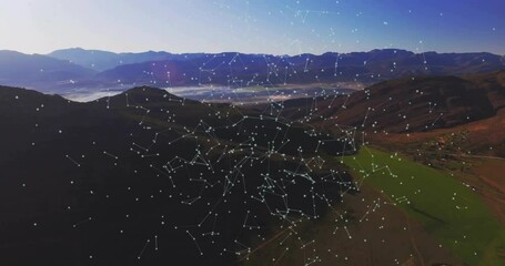 Poster - Drone drifting over valley, glowing nodes appearing and linking in digital web, outlining contours