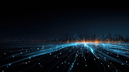 Poster - Glowing Data Lines Flow Through an Urban Landscape Illuminating the Night City Skyline With Vibrant Colors