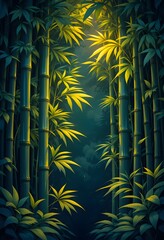 Poster - Bamboo Forest Illustration With Glowing Leaves, A Vibrant Natural Scene, And Deep Shadows. Nature's Art Creates A Peaceful, Serene Atmosphere. Light Filters Beautifully, Illuminating The Lush