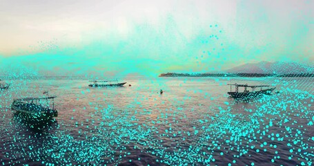 Poster - Point-cloud initiating scan across sunset coastal scene mapping boats and swimmer treading water