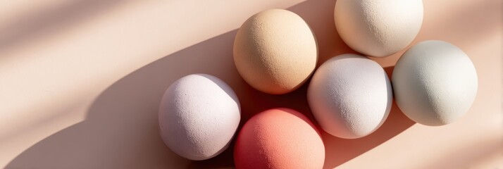 Poster - Floating Clay Balloons Create a Playful Composition Against a Soft Pastel Background With Subtle Shadows Enhancing Their Shapes
