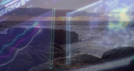 Poster - Sun hovering at dusk causing digital interface flickering on rocky shoreline, showing ocean data