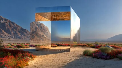 Poster - Minimalist stone cube structure in a surreal desert landscape near a calm sea