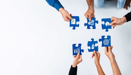 Aufkleber - A diverse group of hands collaborating to piece together a business strategy puzzle, showcasing KPI metrics and graphs in a modern workspace. Perfect for concepts of teamwork and innovation. Amity