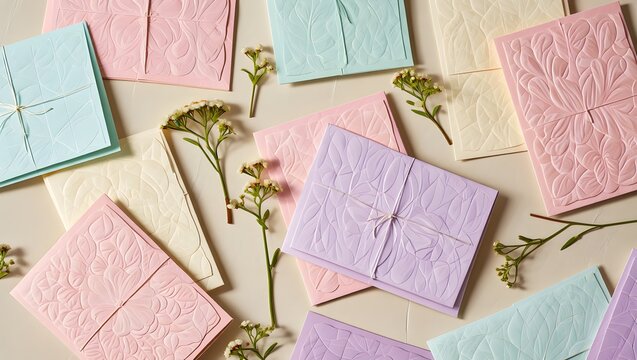 Pastel Embossed Greeting Cards with Delicate Flower Branches – Flatlay