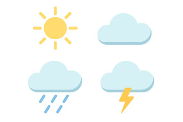 Poster - Different weather conditions illustrated through simple icons showing sun, clouds, rain, and lightning in a bright and colorful style