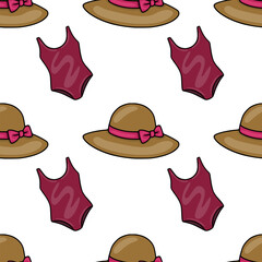 Poster - Seamless vector pattern of stylish brown womens hats with pink ribbons, illustrating a cheerful summer fashion concept.