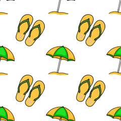 Poster - Seamless vector pattern of cheerful yellow flip-flops and vibrant yellow-green beach umbrellas on a white background, creating a playful summer vibe.