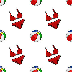 Poster - Seamless vector pattern featuring a vibrant red bikini and a multicolored beach ball, creating a playful summer vibe.