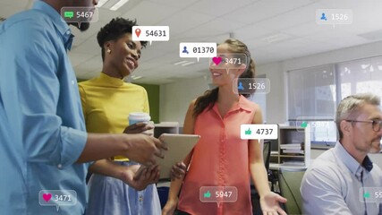 Poster - Three colleagues scrolling tablet in business office, showing animated social media metric rise