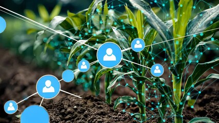 Poster - A young corn plant grows in rich soil, highlighted with glowing digital data streams suggesting smart agriculture technology