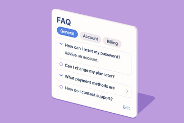 Digital faq interface with account and billing options on purple background