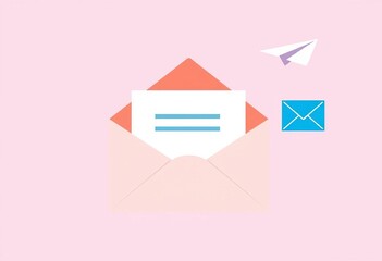 Fototapete - Minimalist vector illustration of a letter in an envelope, a paper airplane, and a blue email icon,  blue icon,  mail