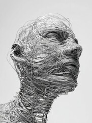 Poster - Melancholy Face Created From Intricate Wires Forms an Abstract Structure Reflecting Deep Emotions and Artistic Expression