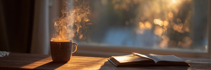 Aufkleber - Golden Hour Light Illuminates a Steaming Mug and an Open Journal by the Window, Creating a Cozy Atmosphere for Reflection and Relaxation